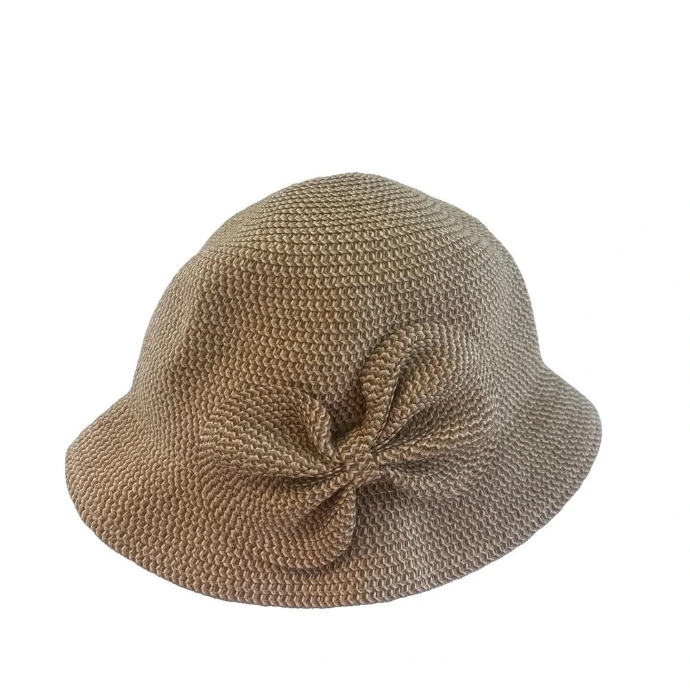 D&Y Tan Woven Paper Straw Cloche Hat with Side Bow Detail Vintage Style Sun Hat